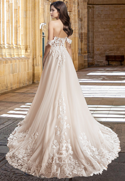 Elegant Off-Shoulder Cap Sleeves Corset Tulle Floral Appliques Lace Wedding Dress