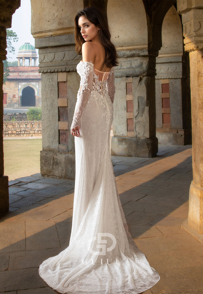 Charming Off-Shoulder Corset Tulle Floral Appliques Slit Floor-Length Lace Wedding Dress