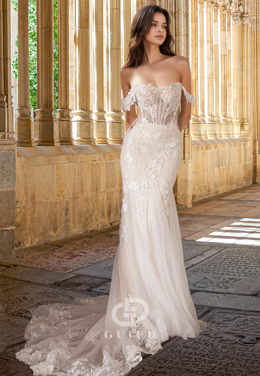 Marmaid Off-Shoulder Cap Sleeves Appliques Illusion Corset Tulle Lace Wedding Dress