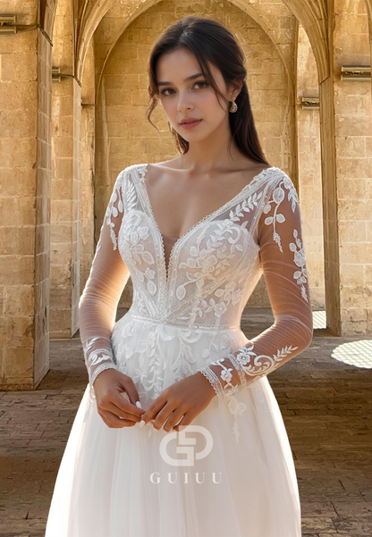 Charming Long Sleeves V-Neck Empire-Waist Backless Floral Appliques Lace Wedding Dress
