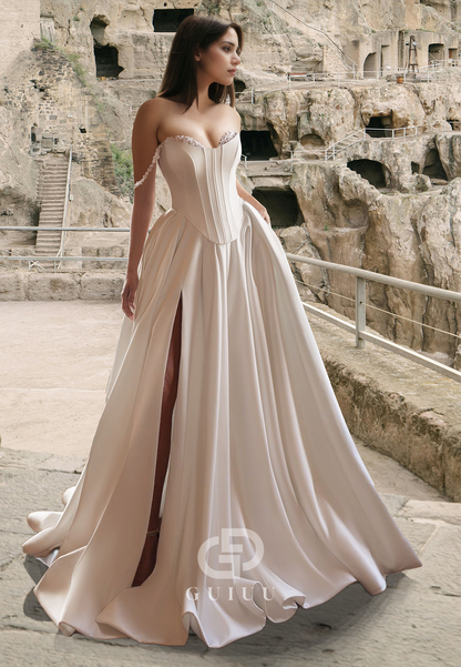 Chic A-Line Sleeveless Sweetheart Empire-Waist Slit Sweep Train Satin Wedding Dress
