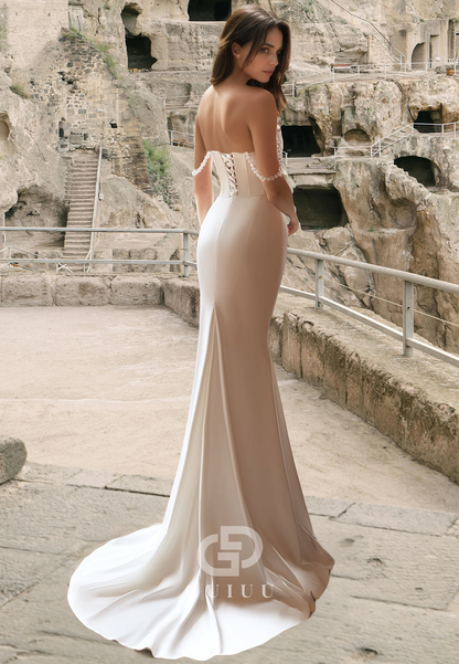 Chic A-Line Sleeveless Sweetheart Empire-Waist Slit Sweep Train Satin Wedding Dress