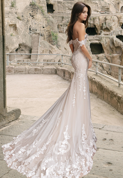 Marmaid Off-Shoulder Cap Sleeves Appliques Illusion Corset Tulle Lace Wedding Dress