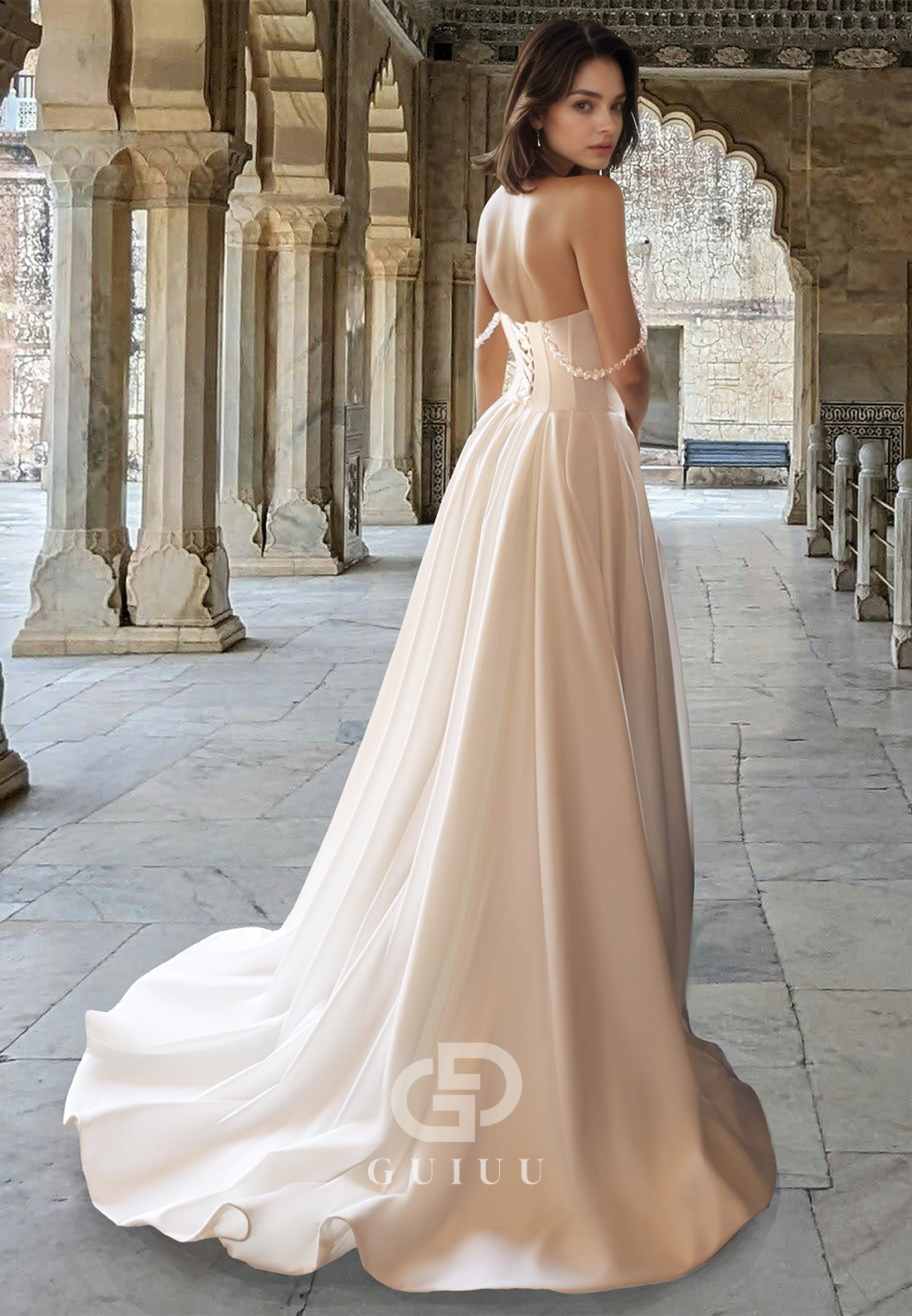 Chic A-Line Sleeveless Sweetheart Empire-Waist Slit Sweep Train Satin Wedding Dress