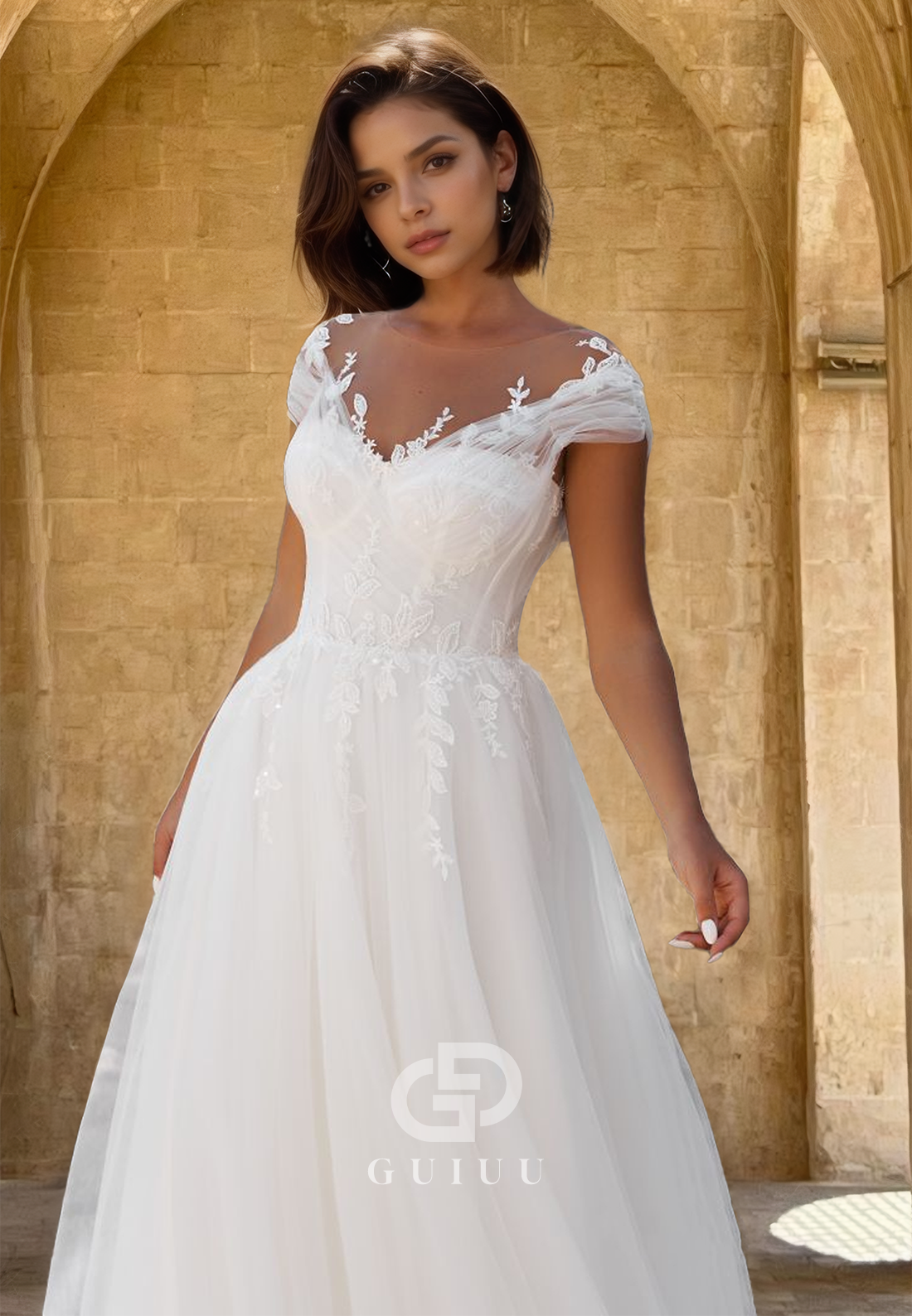 Chic A-Line Scoop Cap Sleeves Empire-Waist Corset Appliques Lace Wedding Dress