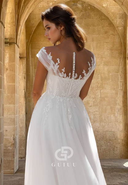 Chic A-Line Scoop Cap Sleeves Empire-Waist Corset Appliques Lace Wedding Dress