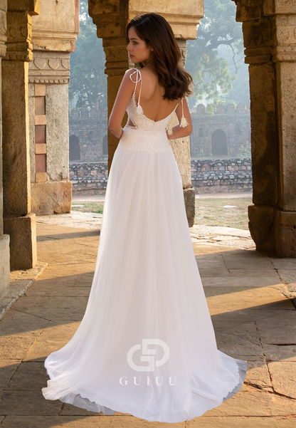 Simple Spaghetti Straps V-Neck Illusion Corset Backless Floor-Length Beach Wedding Dress