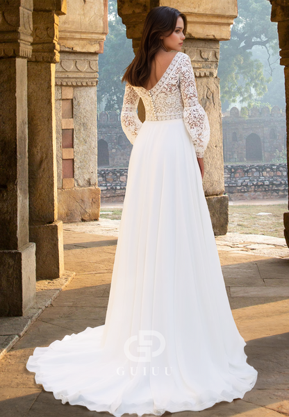 Modern A-Line Long Sleeves V-Neck Empire-Waist Corset Lace Boho Weeding Dress