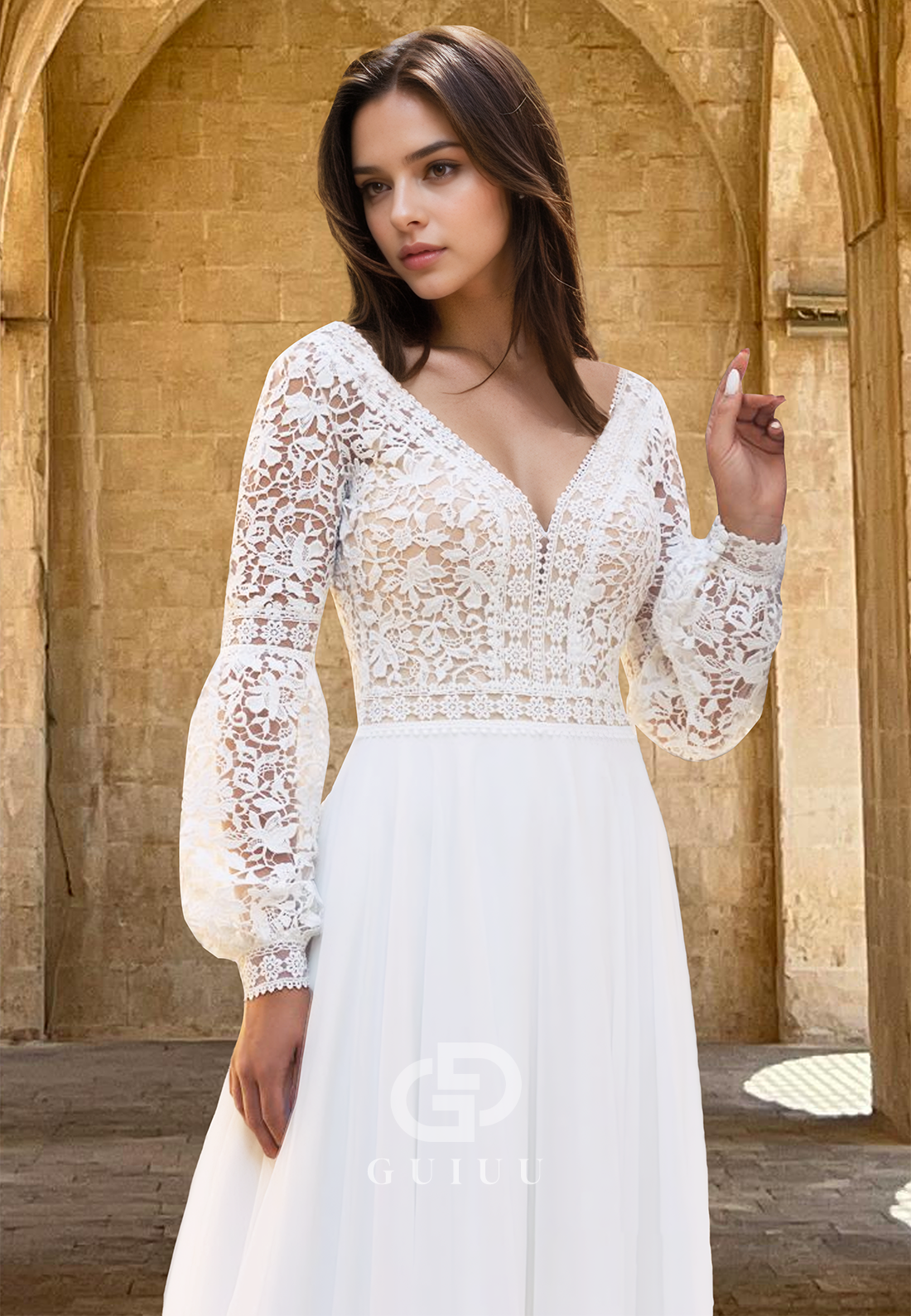 Modern A-Line Long Sleeves V-Neck Empire-Waist Corset Lace Boho Weeding Dress