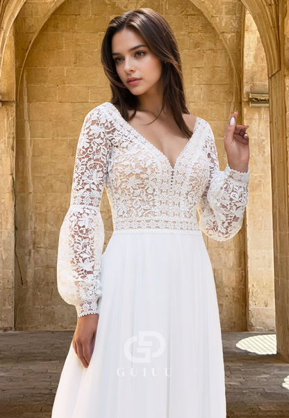 Modern A-Line Long Sleeves V-Neck Empire-Waist Corset Lace Boho Weeding Dress