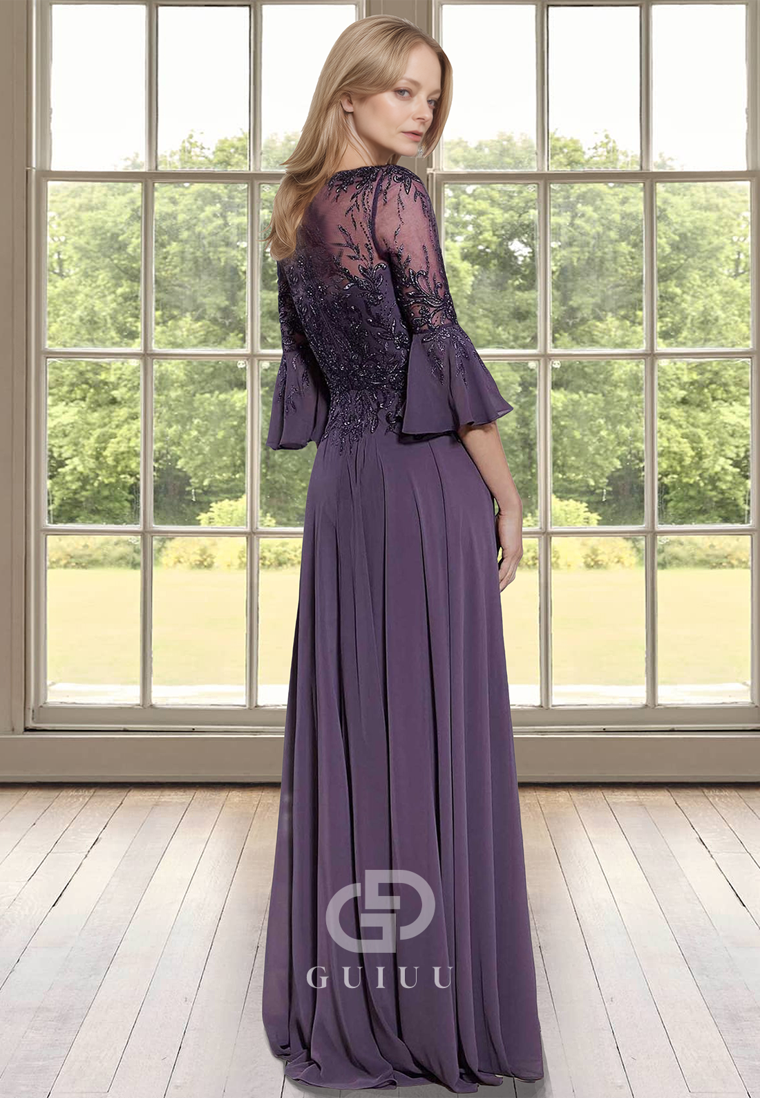 A-Line 3/4 Sleeves V-Neck Empire-Waist Corset Appliques Satin Mother of the Bride Dress