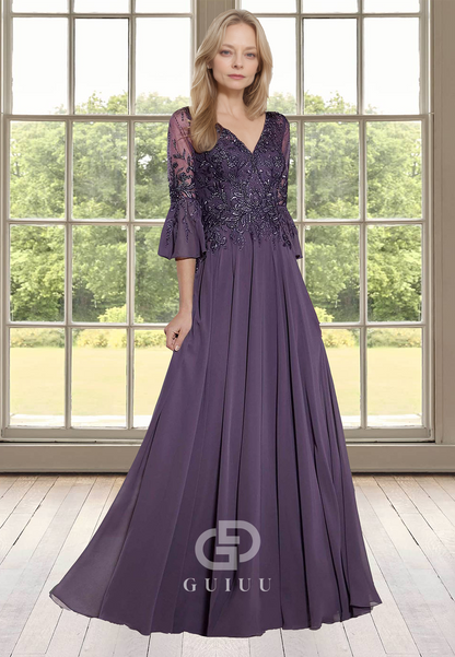 A-Line 3/4 Sleeves V-Neck Empire-Waist Corset Appliques Satin Mother of the Bride Dress