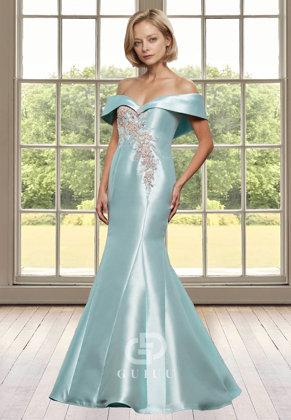 Elegant Mermaid Off-Shoulder Cap Sleeves Appliques Satin Mother of the Bride Dress