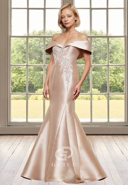 Elegant Mermaid Off-Shoulder Cap Sleeves Appliques Satin Mother of the Bride Dress