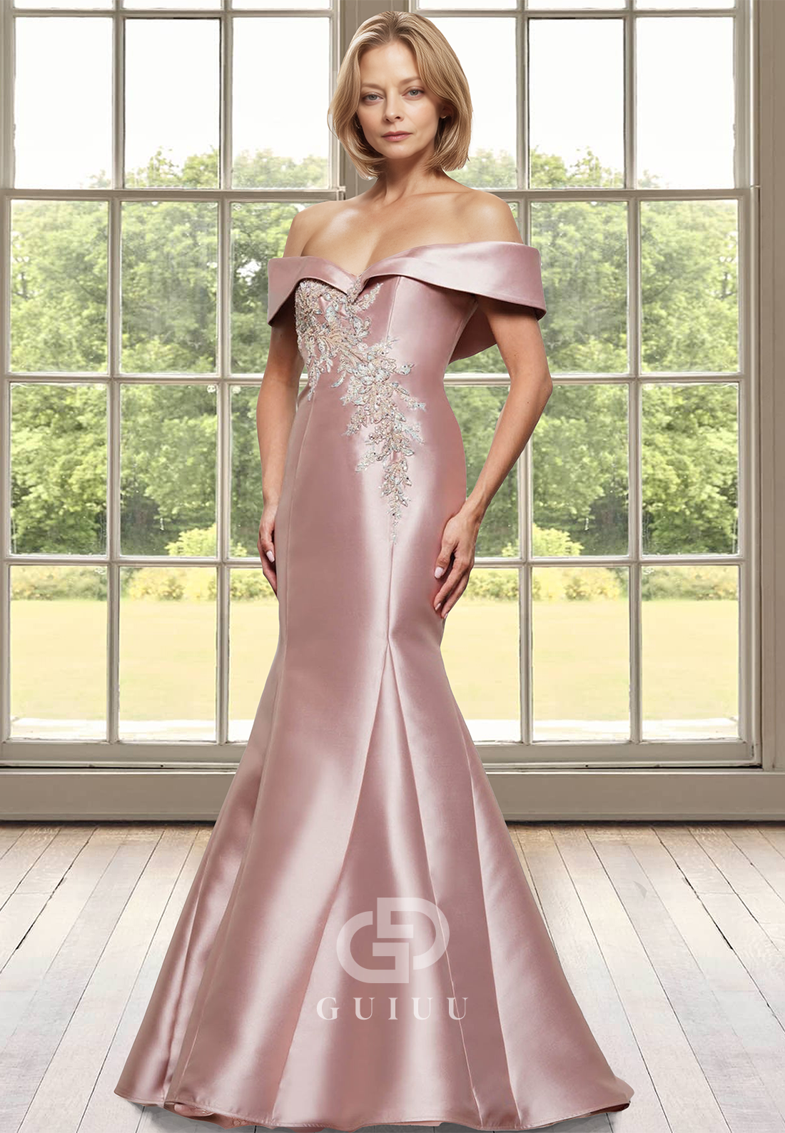 Elegant Mermaid Off-Shoulder Cap Sleeves Appliques Satin Mother of the Bride Dress