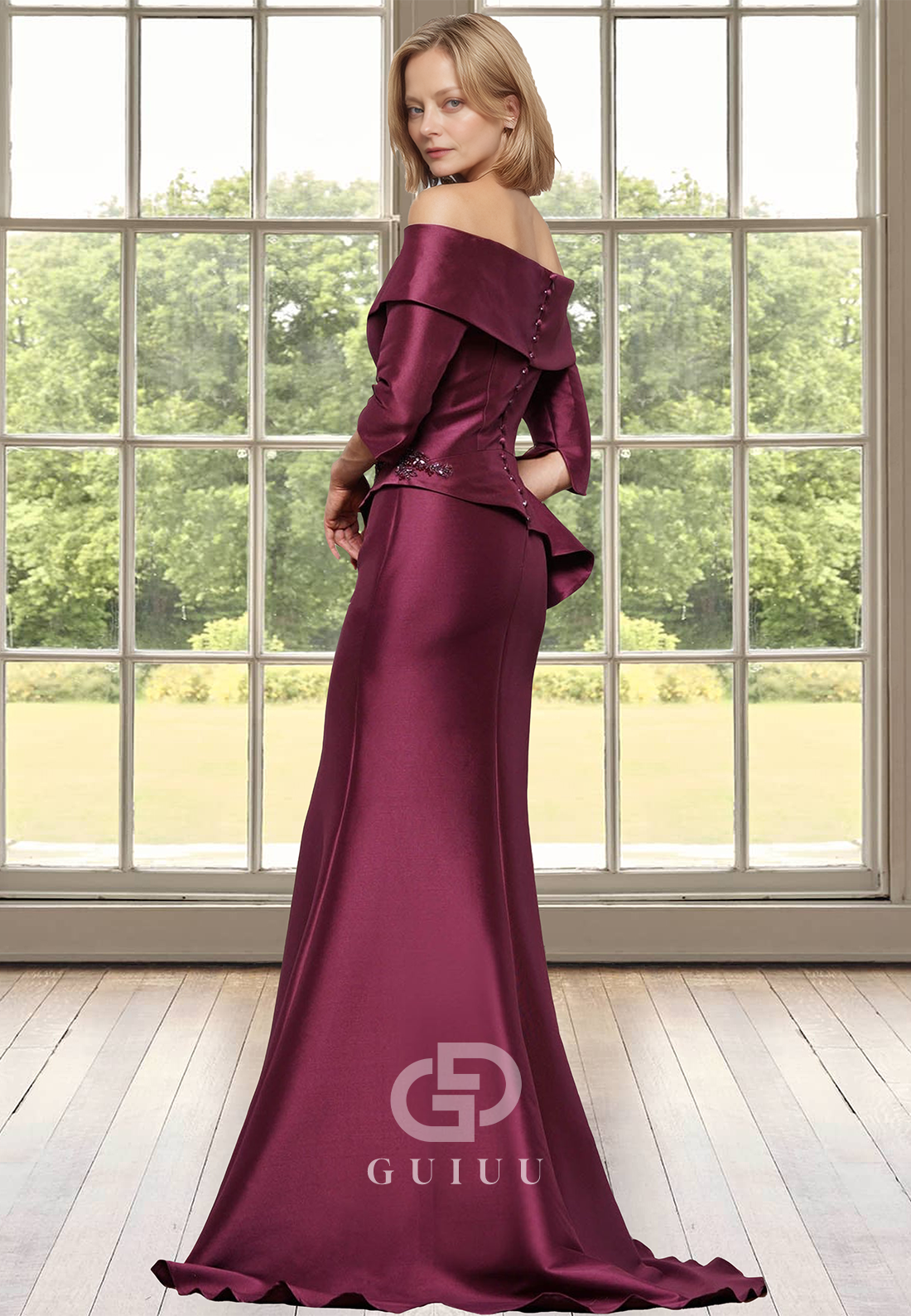 Chic Off-Shoulder Half Sleeves Empire-Waist Appliques Satin Mother of the Bride Dress