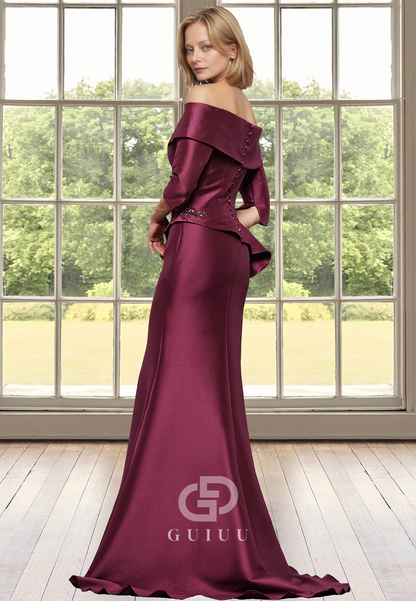 Chic Off-Shoulder Half Sleeves Empire-Waist Appliques Satin Mother of the Bride Dress