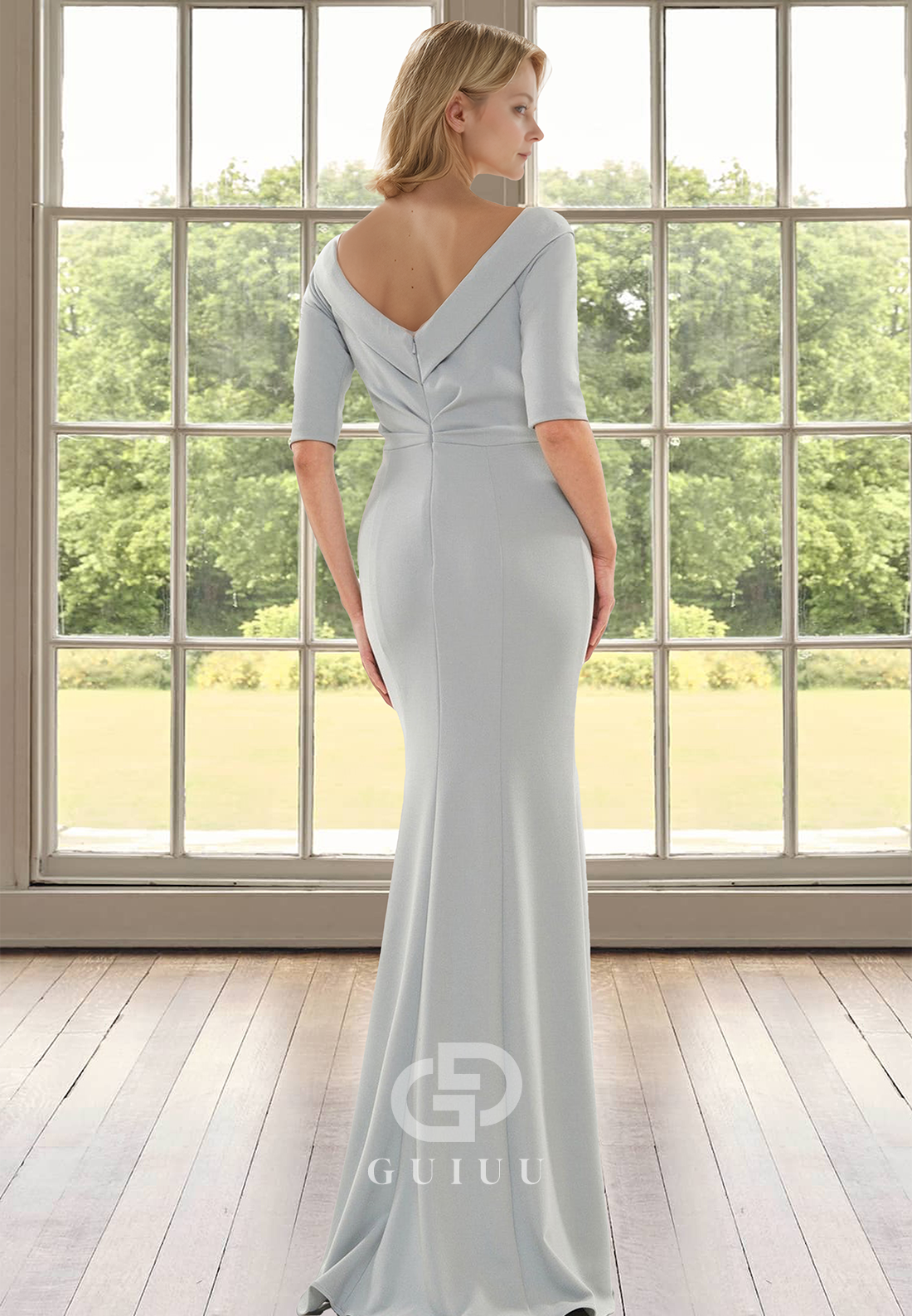 A-Line Half Sleeves V-Neck Ruched Floor-Length Satin Mother of the Bride Dress