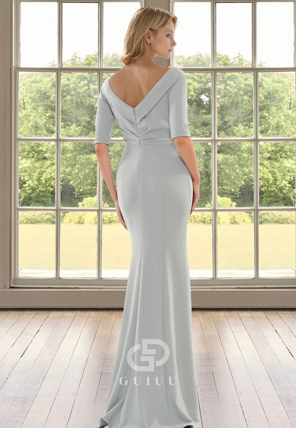 A-Line Half Sleeves V-Neck Ruched Floor-Length Satin Mother of the Bride Dress