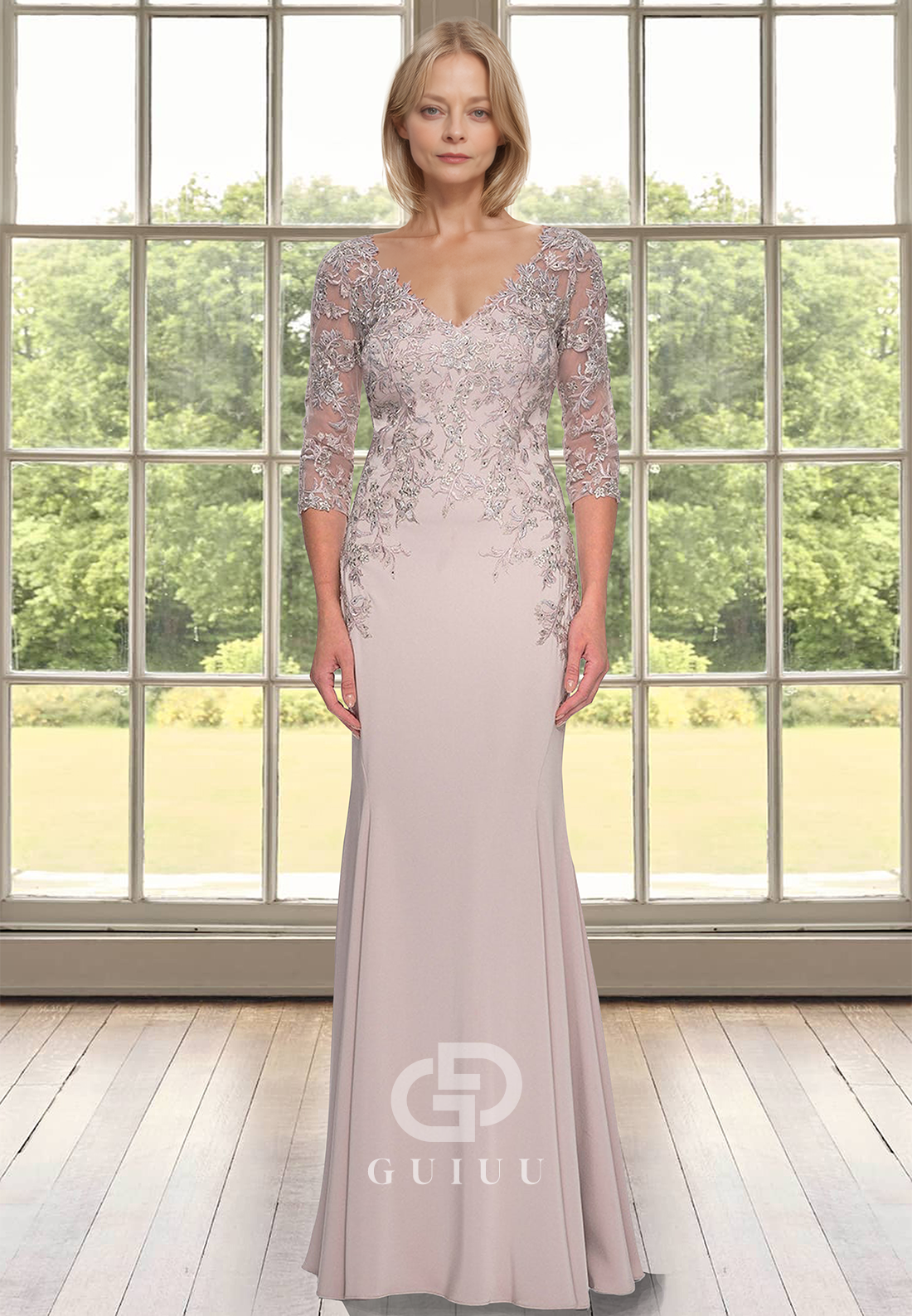 Chic Half Sleeves V-Neck Floor-Length Floral Corset Satin Mother of the Bride Dress