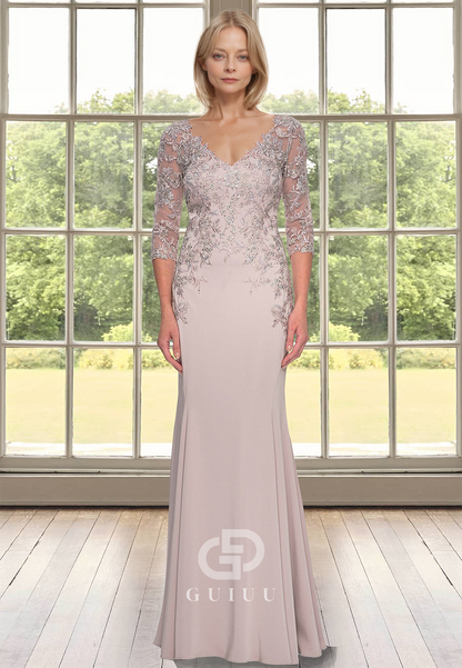 Chic Half Sleeves V-Neck Floor-Length Floral Corset Satin Mother of the Bride Dress