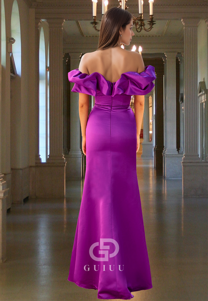 Orchid Sheath Off-Shoulder Cap Sleeves Prom Dress with Slit Ruched Evening Party Dress