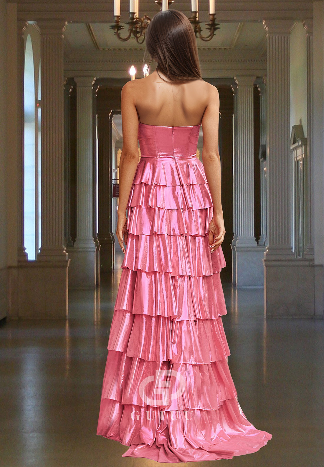 Candy Pink A-Line Strapless Sleeveless Prom Dress with Ruffles