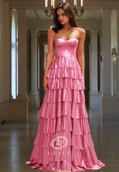 Candy Pink A-Line Strapless Sleeveless Prom Dress with Ruffles