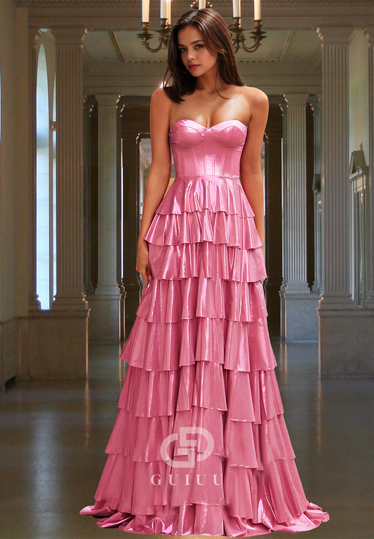 Candy Pink A-Line Strapless Sleeveless Prom Dress with Ruffles