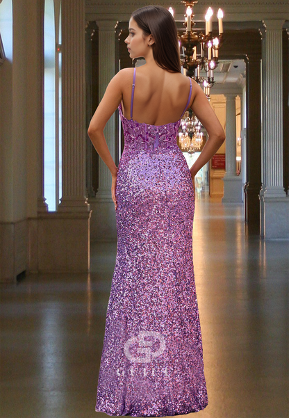 Sparkly Spaghetti Straps Sweetheart Prom Dress with Slit Sequins Evening Party Dress