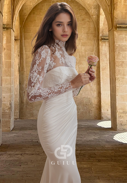 High Neck Long Sleeves Lace Appliques Pleated Satin Mermaid Wedding Dress