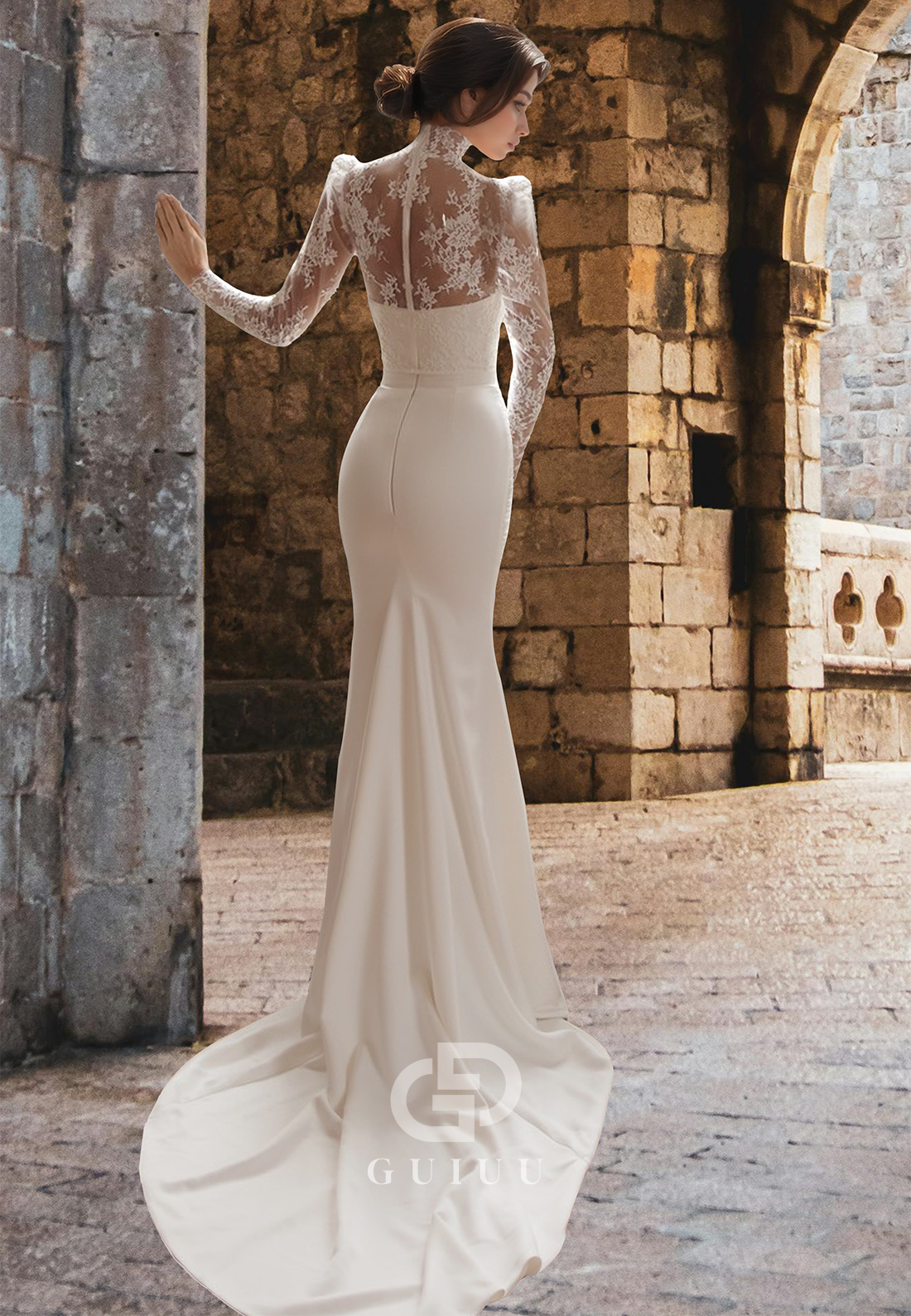 High Neck Long Sleeves Lace Appliques Pleated Satin Mermaid Wedding Dress