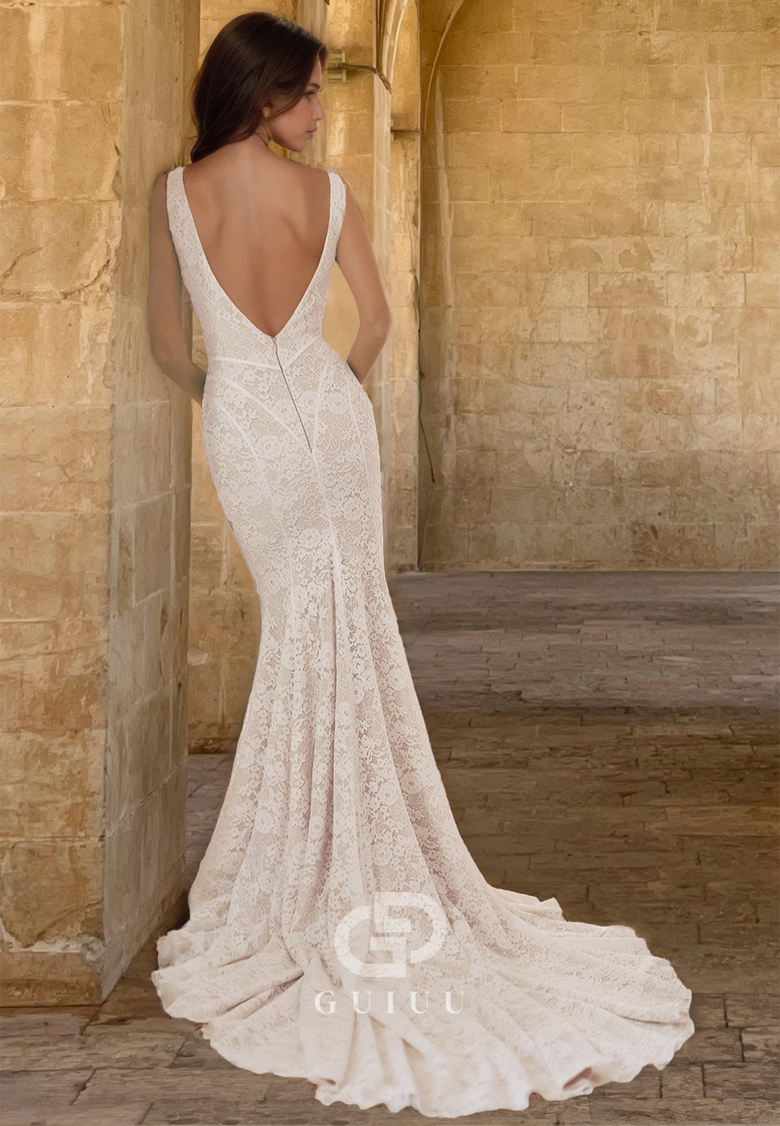 Mermaid V-Neck Spaghetti Straps Appliques Pleated Backless Lace Wedding Dress