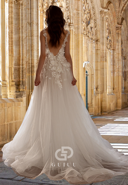 A-Line V-Neck Spaghetti Straps Floral Embellished Backless Lace Wedding Dress