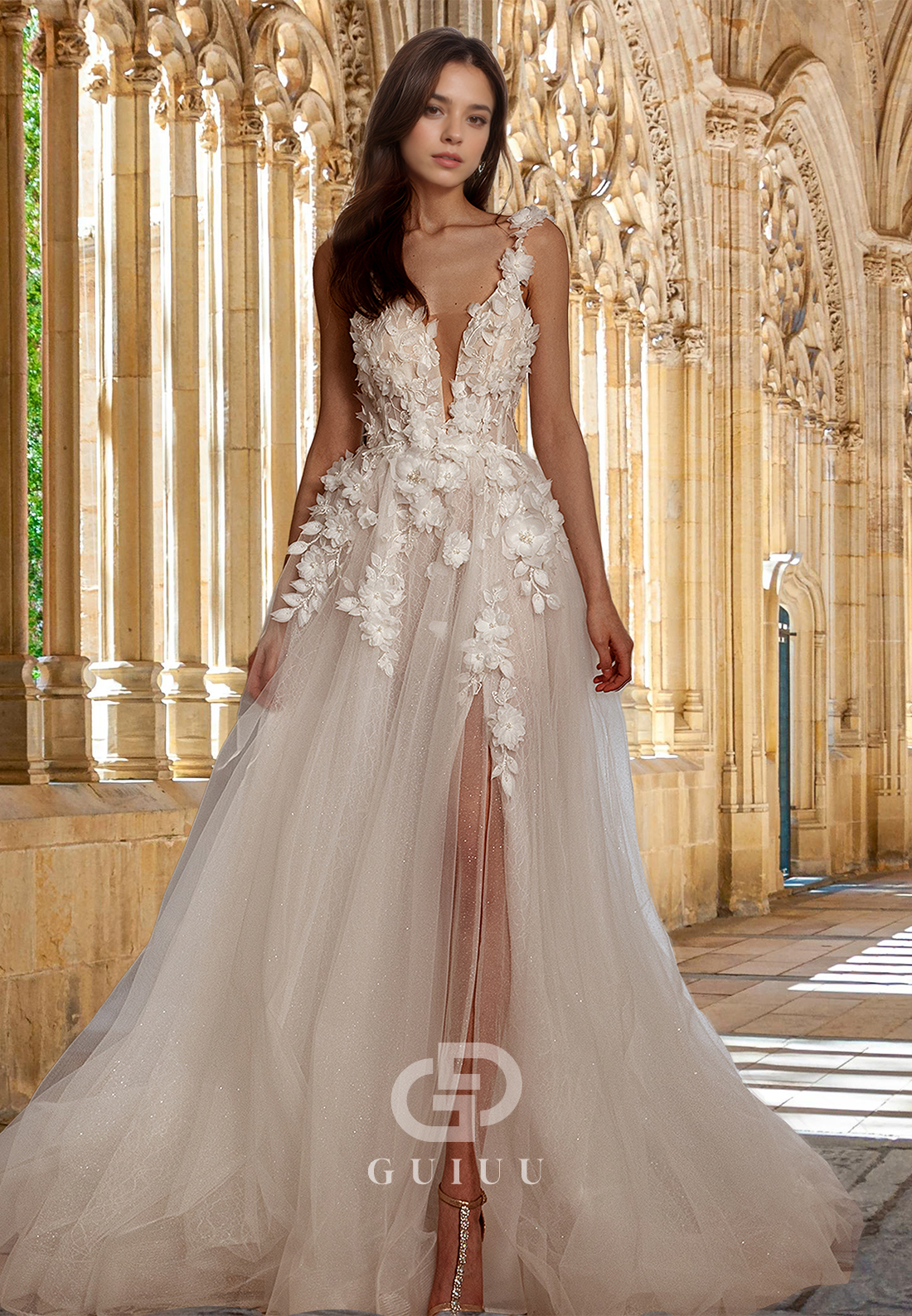 A-Line V-Neck Spaghetti Straps Floral Embellished Backless Lace Wedding Dress