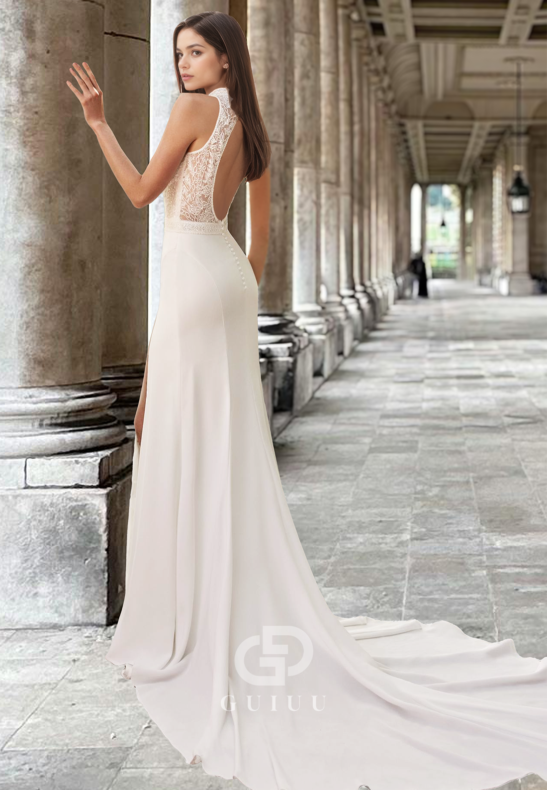 Halter Sleeveless Appliques Side Slit Sheath Beach Wedding Dress