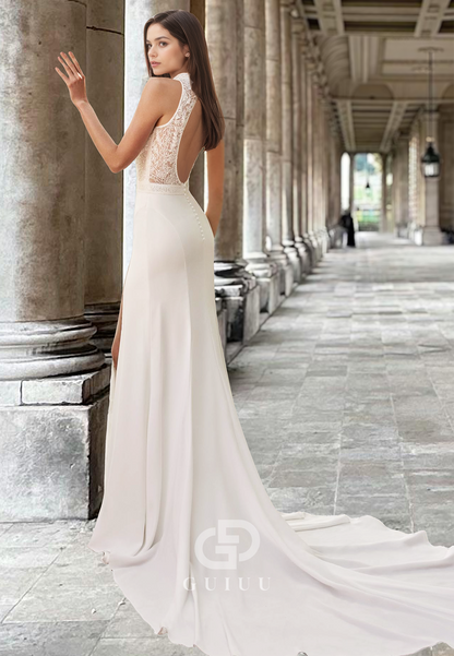 Halter Sleeveless Appliques Side Slit Sheath Beach Wedding Dress