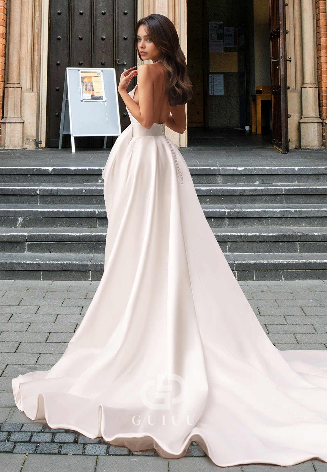 A-Line V-Neck Sleeveless Appliques Pleated Sleek Backless Satin Wedding Dress