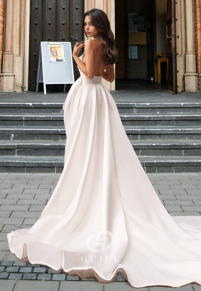 A-Line V-Neck Sleeveless Appliques Pleated Sleek Backless Satin Wedding Dress