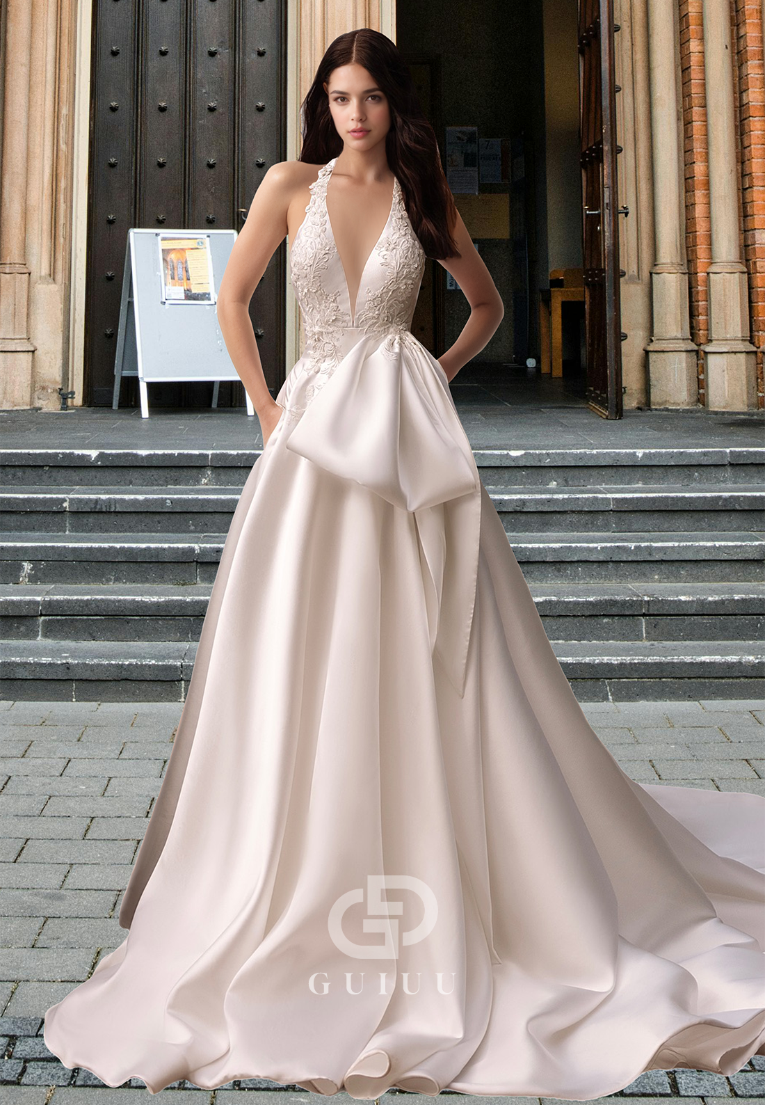 A-Line V-Neck Sleeveless Appliques Pleated Sleek Backless Satin Wedding Dress