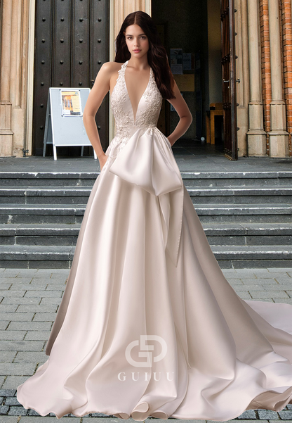 A-Line V-Neck Sleeveless Appliques Pleated Sleek Backless Satin Wedding Dress
