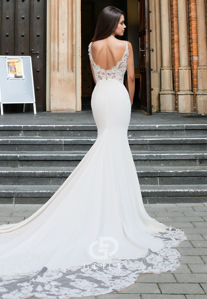 Mermaid Spaghetti Straps Lace Appliques Sleek Beach Wedding Dress