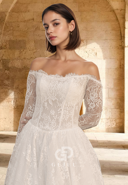Long Sleeves Off-Shoulder Floral Appliques A-Line Court Train Lace Wedding Dress