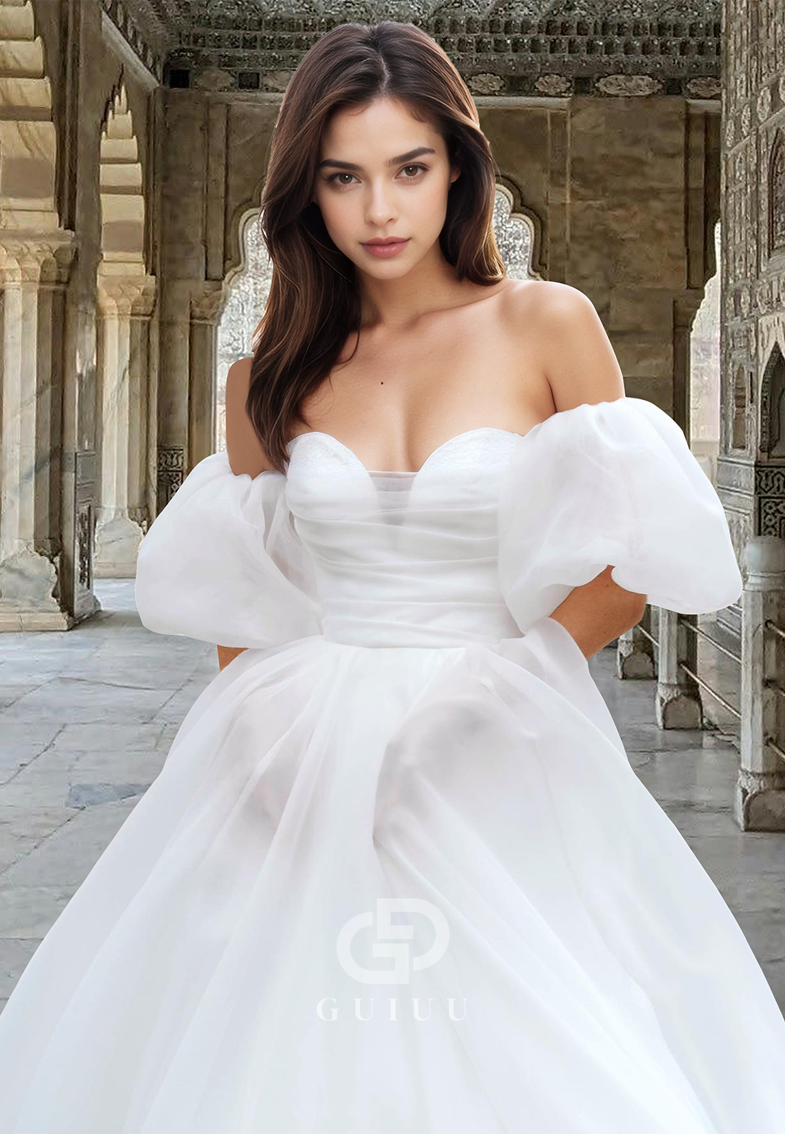 Sweetheart Puff Sleeves Pleated A-Line Beach Wedding Dress