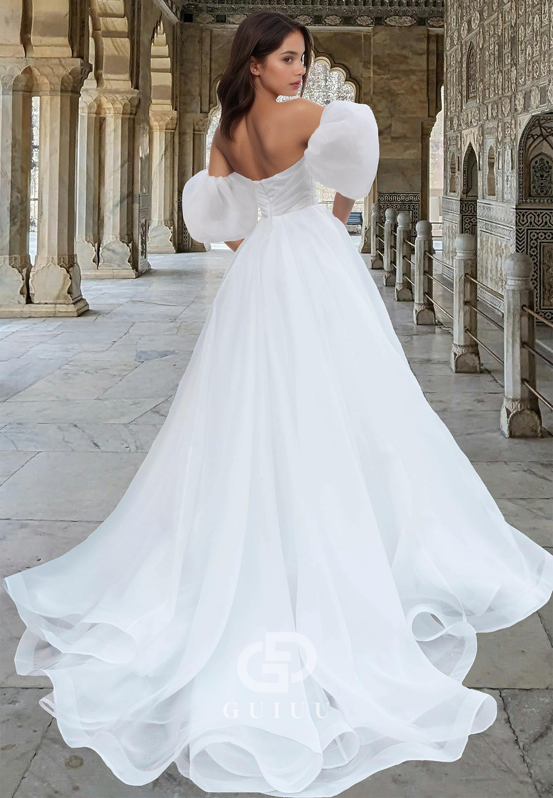 Sweetheart Puff Sleeves Pleated A-Line Beach Wedding Dress
