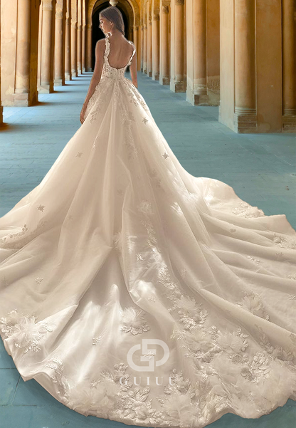 GW723 - Elegant & Luxurious A-Line Scoop Straps Sequined and Floral Appliqued Wedding Dress with Court Train