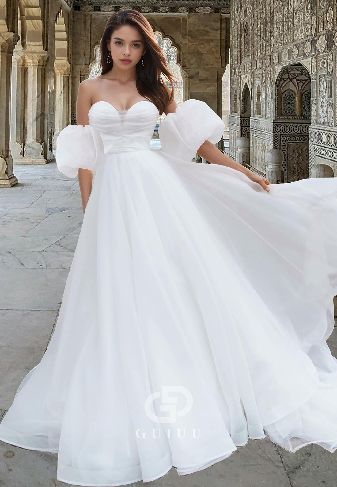 Sweetheart Puff Sleeves Pleated A-Line Beach Wedding Dress