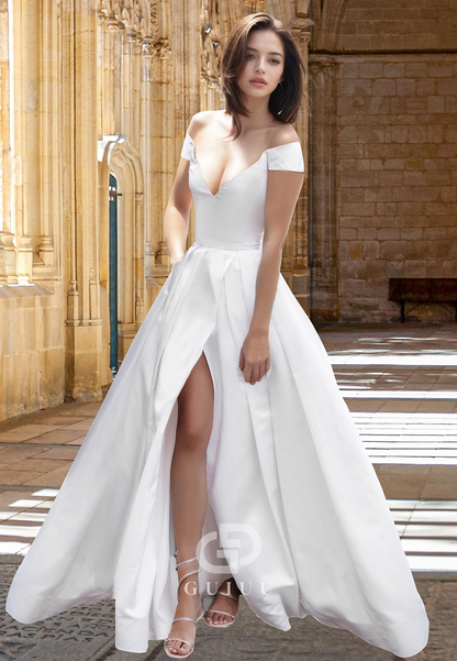 Sweetheart Cap Sleeves Side Slit Pleated A-Line Satin Wedding Dress