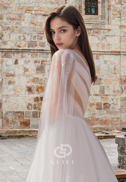 One Shoulder Sleeveless Corset Tulle Pleated Beaded Illusion A-Line Lace Wedding Dress