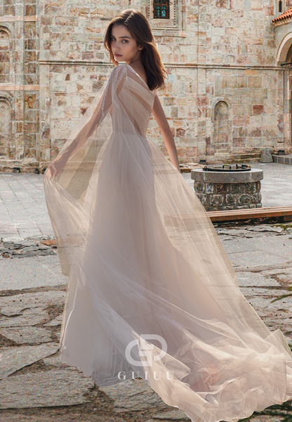 One Shoulder Sleeveless Corset Tulle Pleated Beaded Illusion A-Line Lace Wedding Dress